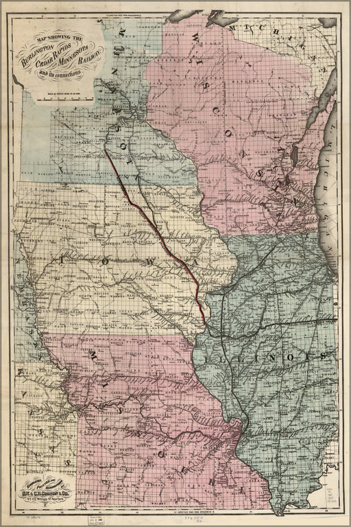 24"x36" Gallery Poster, Map Burlington Cedar Rapids railroad 1868