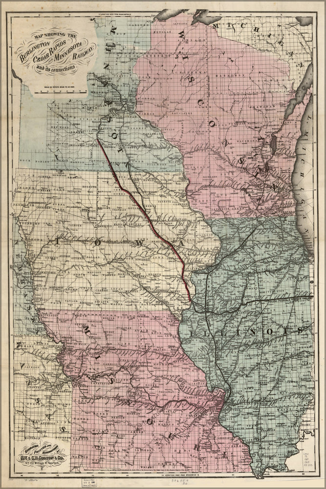 24"x36" Gallery Poster, Map Burlington Cedar Rapids railroad 1868