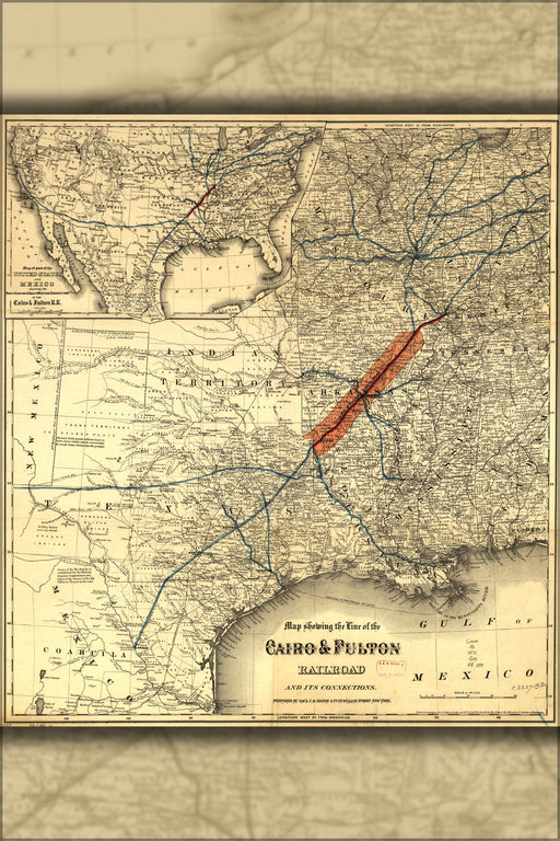 24"x36" Gallery Poster, Map Cairo & Fulton Railroad texas louisiana 1871