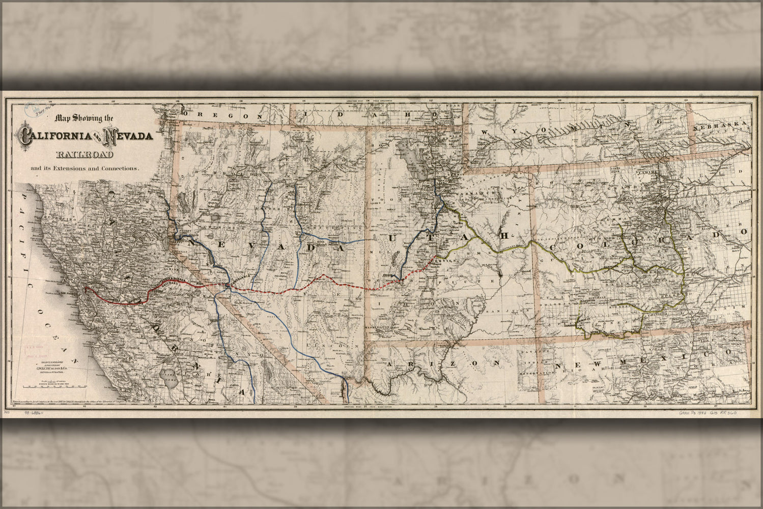 24"x36" Gallery Poster, Map California and Nevada Railroad 1882