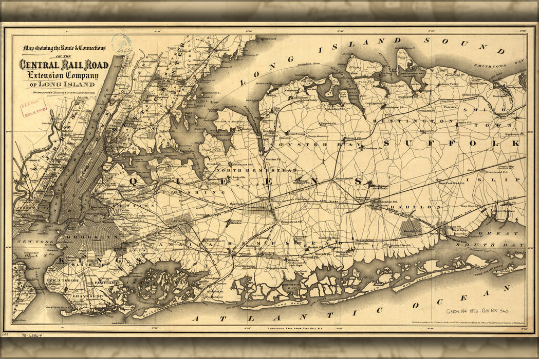 24"x36" Gallery Poster, Map Central RailRoad Ext Co of Long Island 1873