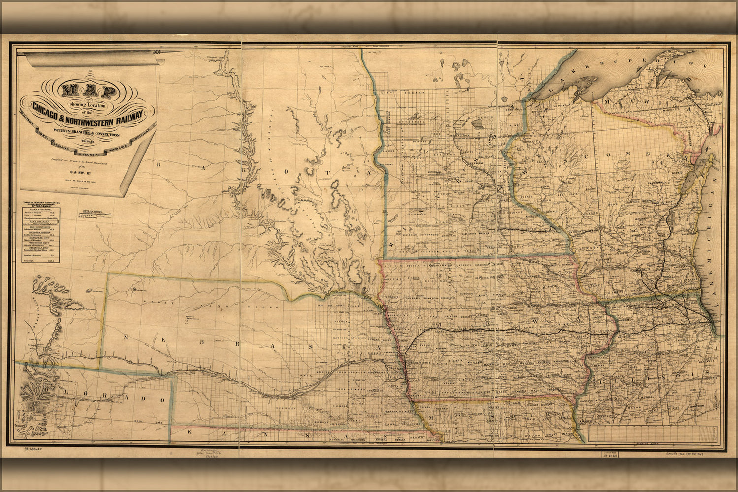 24"x36" Gallery Poster, Map Chicago & Northwestern Railroad Illinois 1862