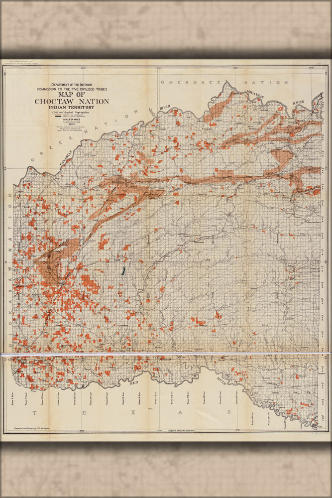 24"x36" Gallery Poster, Map Choctaw Nation; coal asphalt segregation 1900