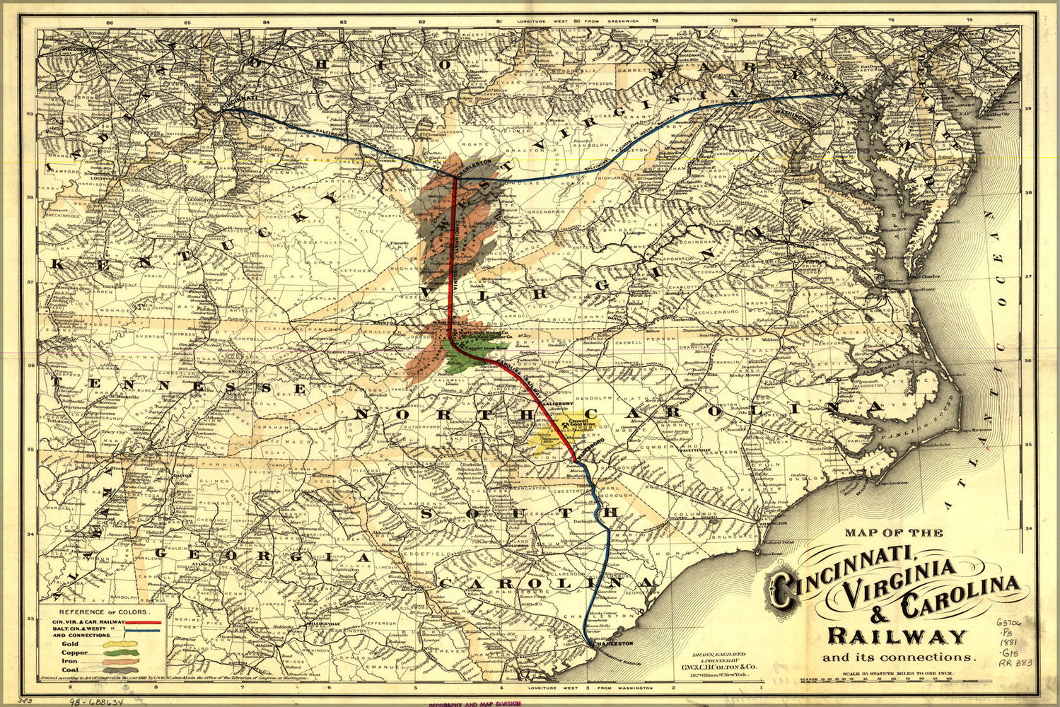 24"x36" Gallery Poster, Map Cincinnati Virginia Carolina Railroad 1881