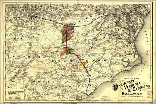 24"x36" Gallery Poster, Map Cincinnati Virginia Carolina Railroad 1881