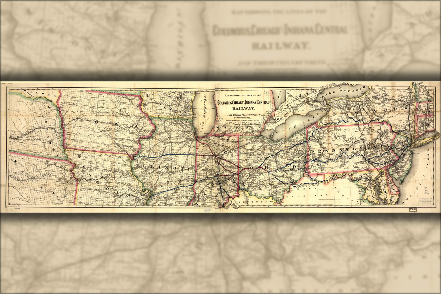 24"x36" Gallery Poster, Map Columbus Chicago Indiana Cent. Railroad 1868