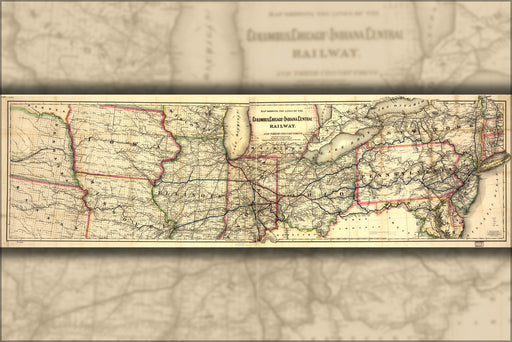 24"x36" Gallery Poster, Map Columbus Chicago Indiana Cent. Railroad 1868