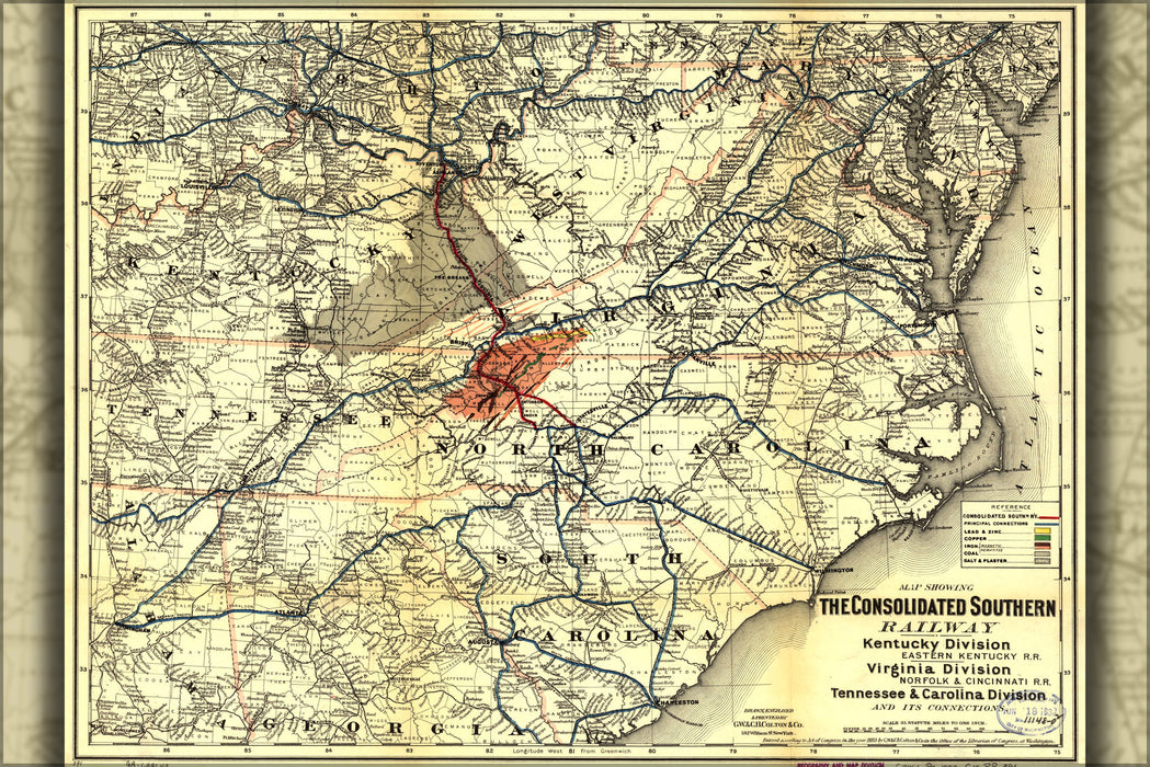 24"x36" Gallery Poster, Map Consolidated Southern Railroad Kentucky 1883