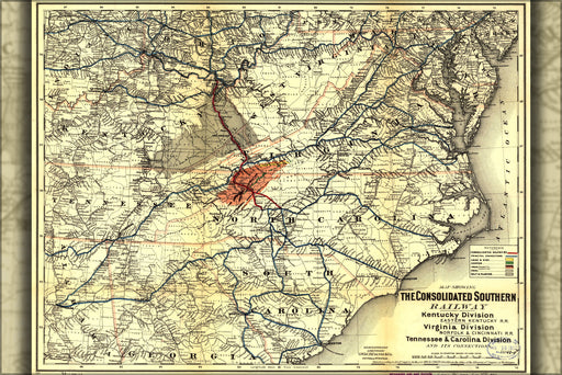 24"x36" Gallery Poster, Map Consolidated Southern Railroad Kentucky 1883