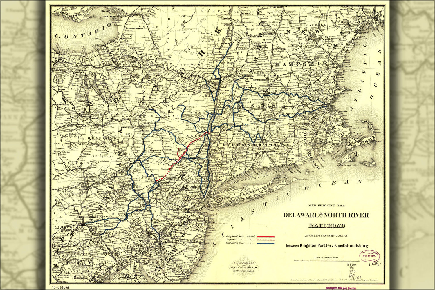24"x36" Gallery Poster, Map Delaware and North River Railroad 1890