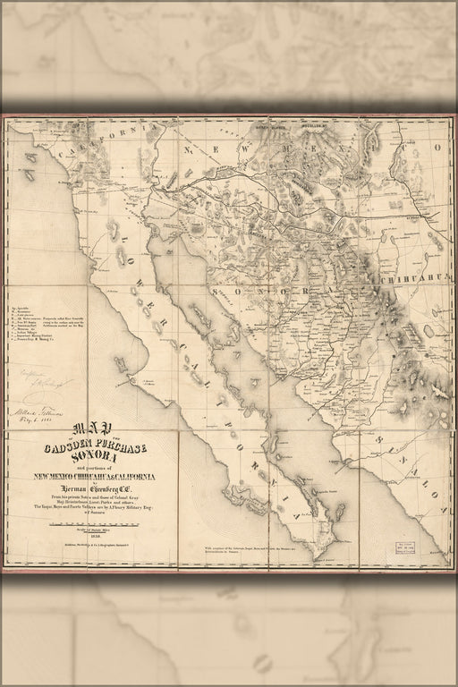 24"x36" Gallery Poster, Map Gadsden Purchase Sonora baja California 1858