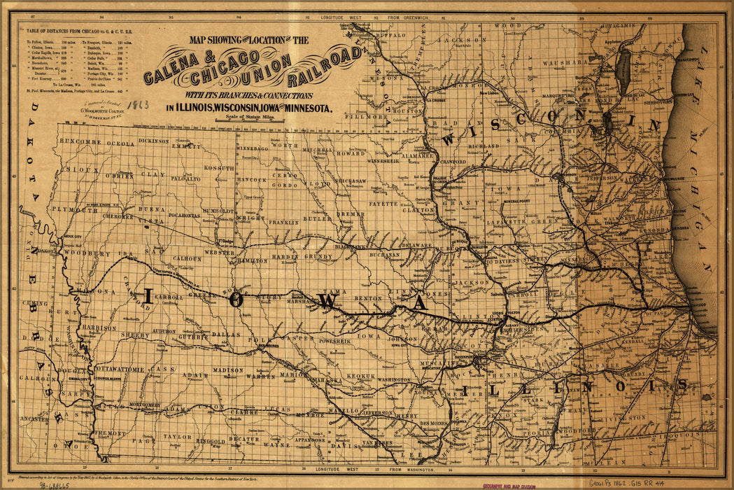 24"x36" Gallery Poster, Map Galena & Chicago Union Railroad iowa 1862