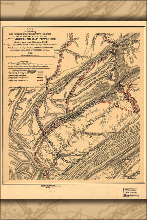 24"x36" Gallery Poster, Map Gen Morgan at Cumberland Gap Tennessee 1862