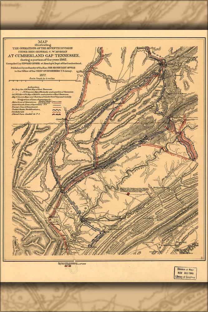 24"x36" Gallery Poster, Map Gen Morgan at Cumberland Gap Tennessee 1862