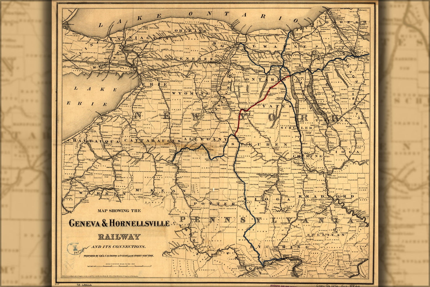 24"x36" Gallery Poster, Map Geneva & Hornellsville Railroad 1875