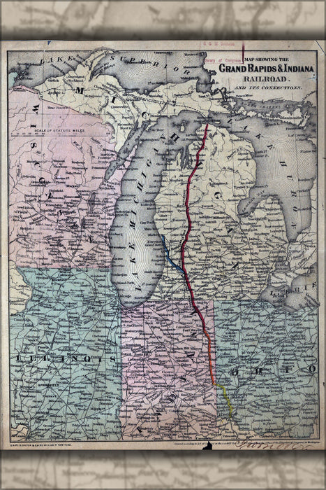 24"x36" Gallery Poster, Map Grand Rapids & Indiana Railroad 1871