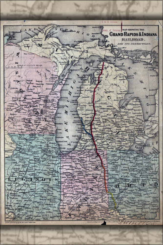24"x36" Gallery Poster, Map Grand Rapids & Indiana Railroad 1871