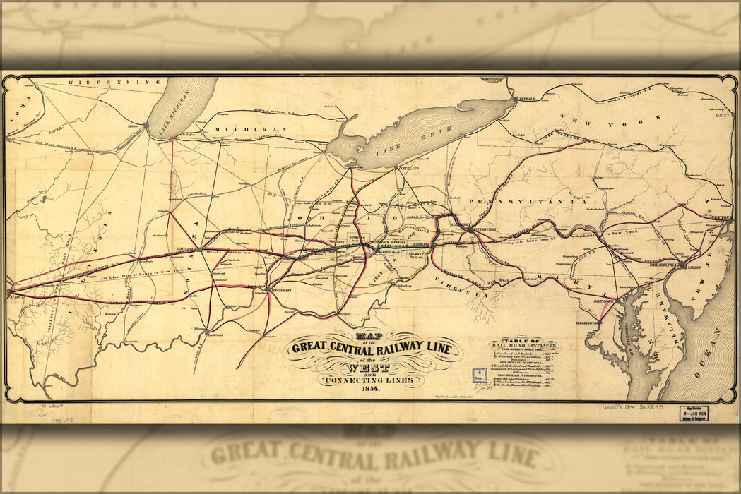 24"x36" Gallery Poster, Map Great Central Railroad ohio pennsylvania 1854