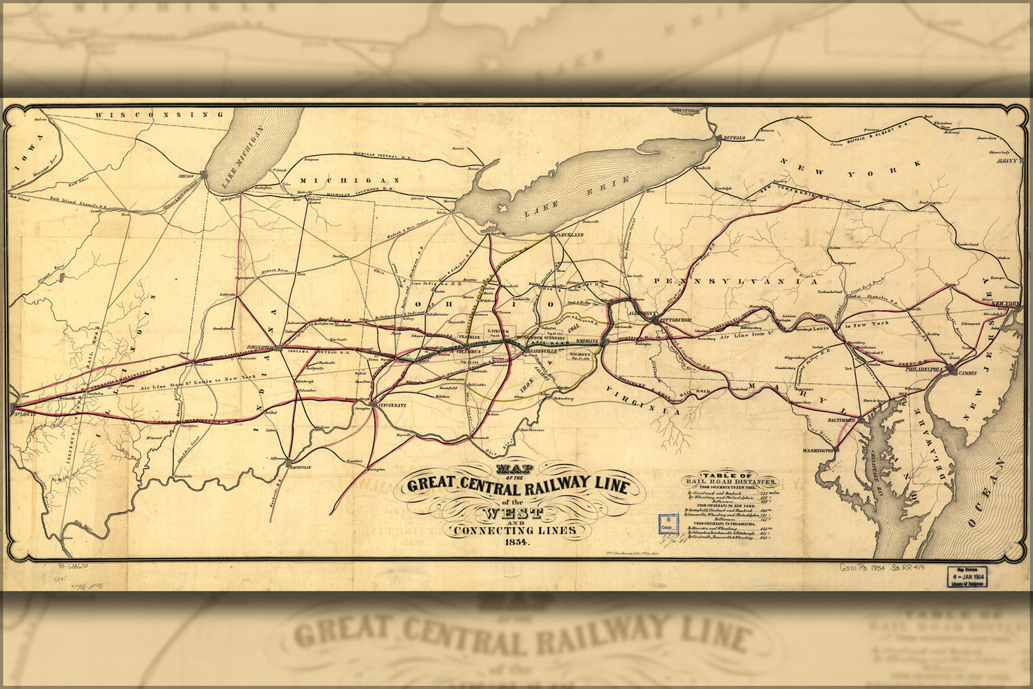 24"x36" Gallery Poster, Map Great Central Railroad ohio pennsylvania 1854