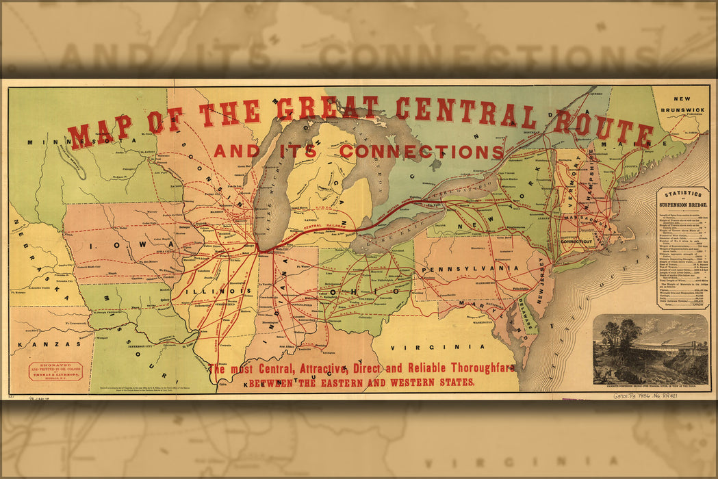24"x36" Gallery Poster, Map Great Central railroad illinois michigan 1856