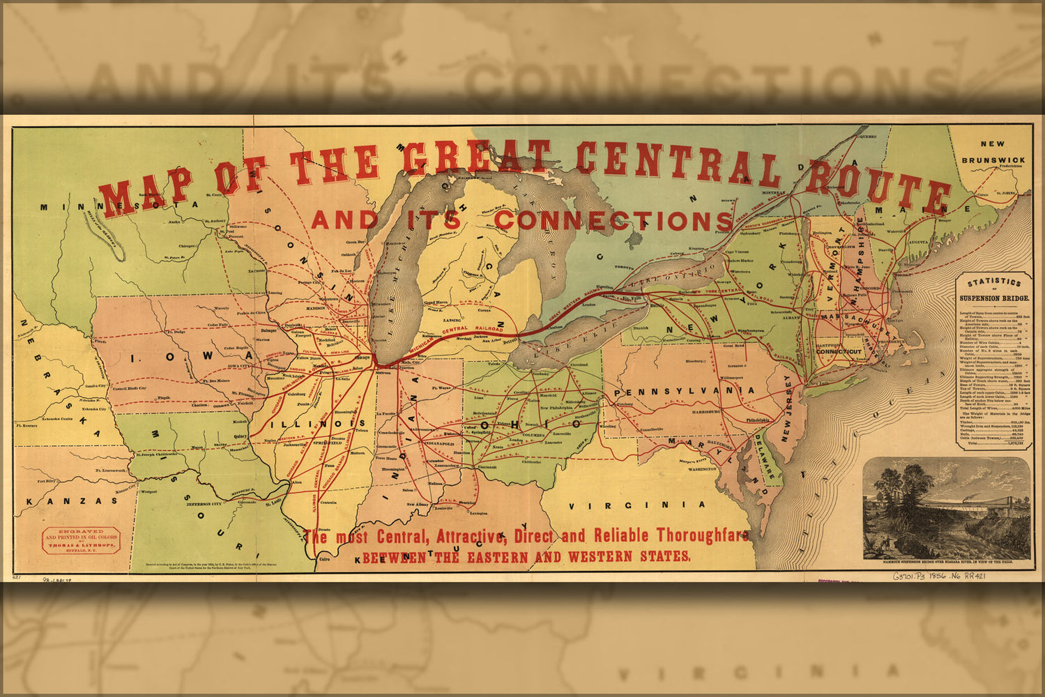 24"x36" Gallery Poster, Map Great Central railroad illinois michigan 1856