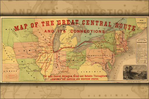 24"x36" Gallery Poster, Map Great Central railroad illinois michigan 1856