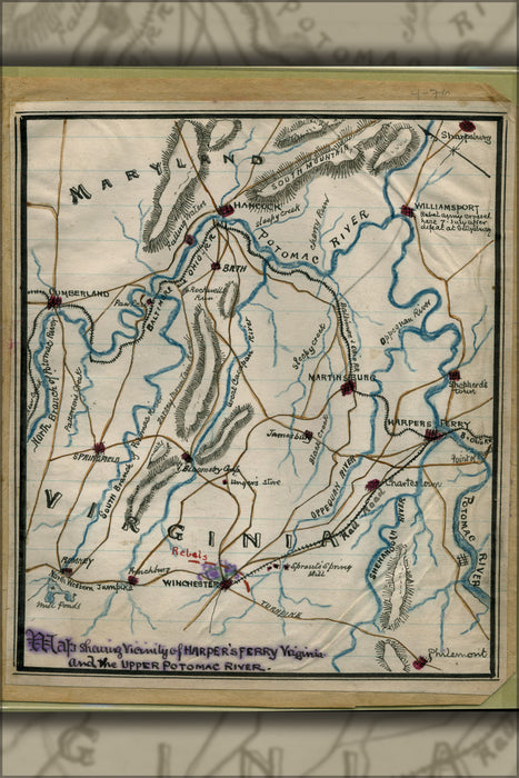 24"x36" Gallery Poster, Map Harpers Ferry Virginia Potomac River 1865