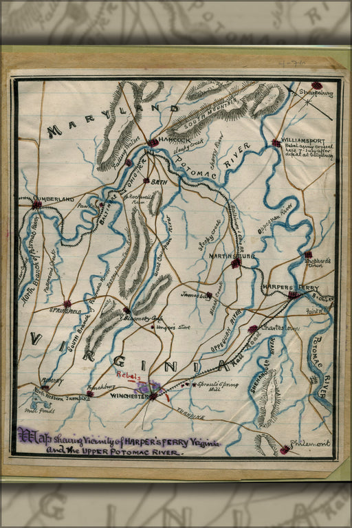 24"x36" Gallery Poster, Map Harpers Ferry Virginia Potomac River 1865