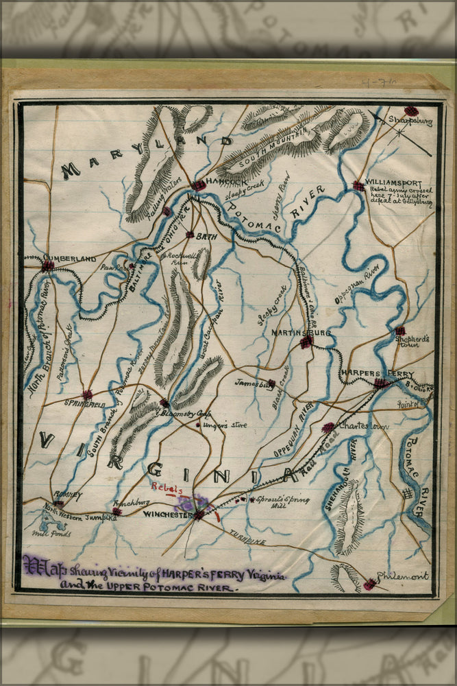 24"x36" Gallery Poster, Map Harpers Ferry Virginia Potomac River 1865