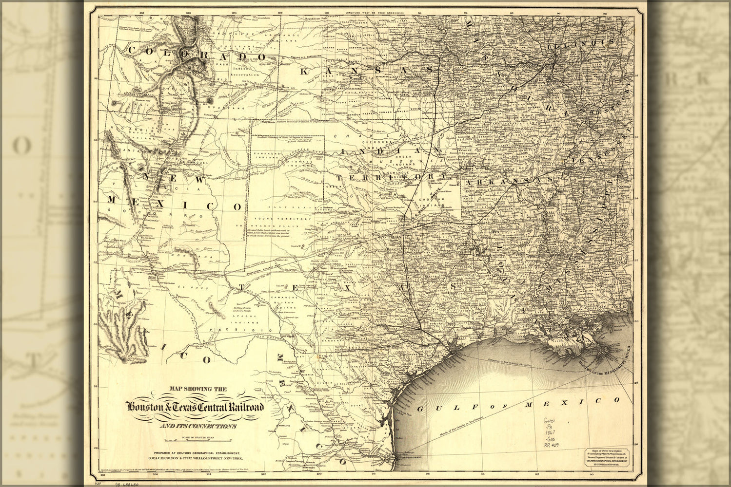 24"x36" Gallery Poster, Map Houston & Texas Central Railroad 1867