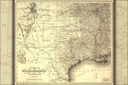 24"x36" Gallery Poster, Map Houston & Texas Central Railroad 1867