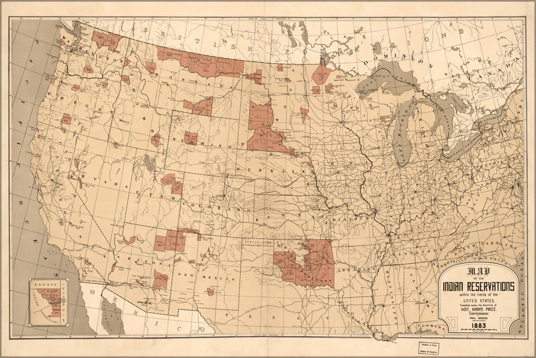 24"x36" Gallery Poster, Map Indian reservations in the United States 1883