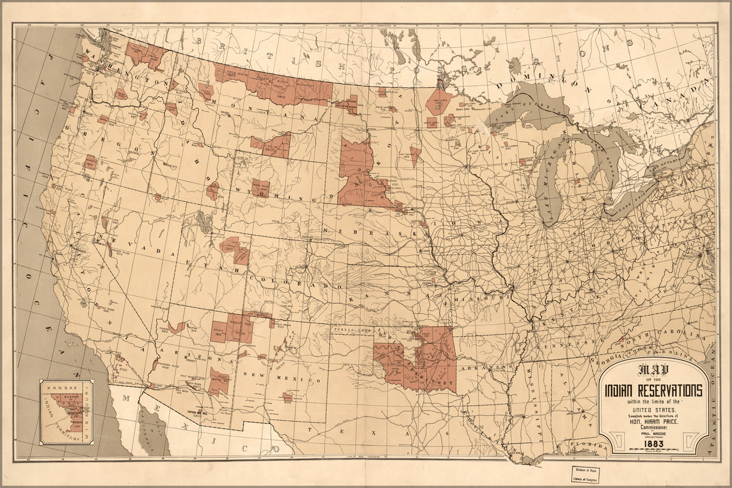 24"x36" Gallery Poster, Map Indian reservations in the United States 1883