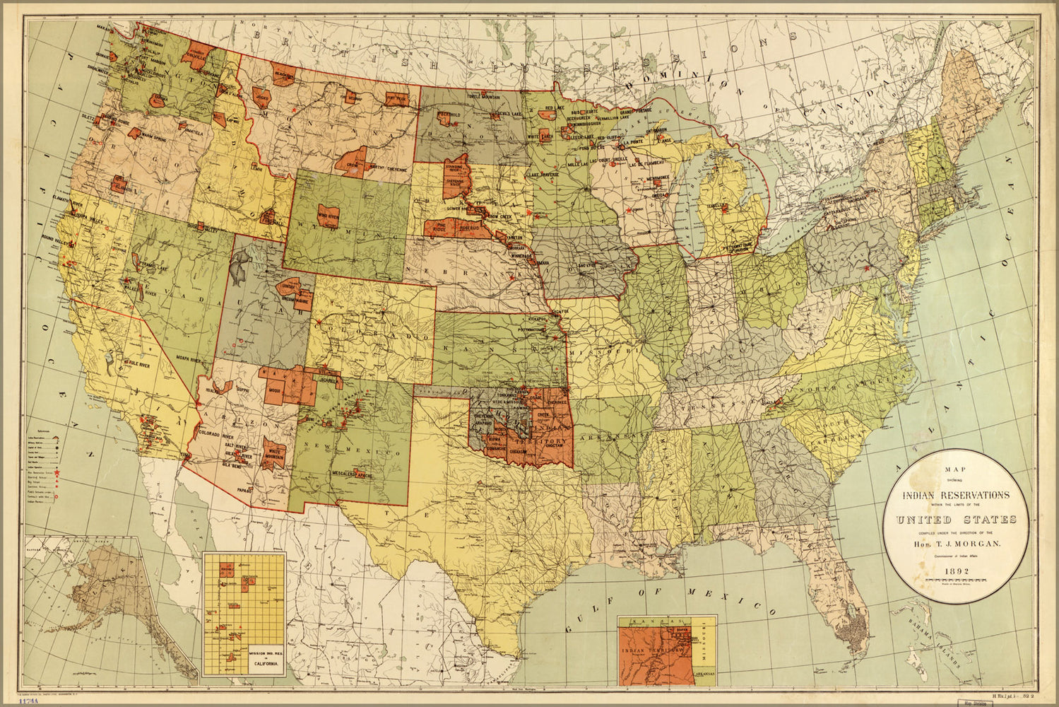 24"x36" Gallery Poster, Map Indian reservations in the United States 1892
