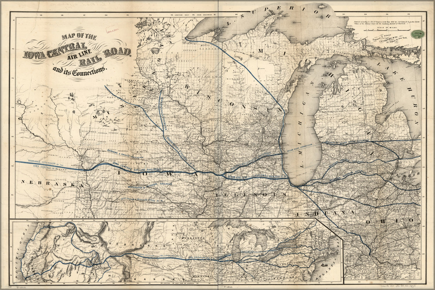 24"x36" Gallery Poster, Map Iowa Central Air Line RailRoad wisconsin 1857
