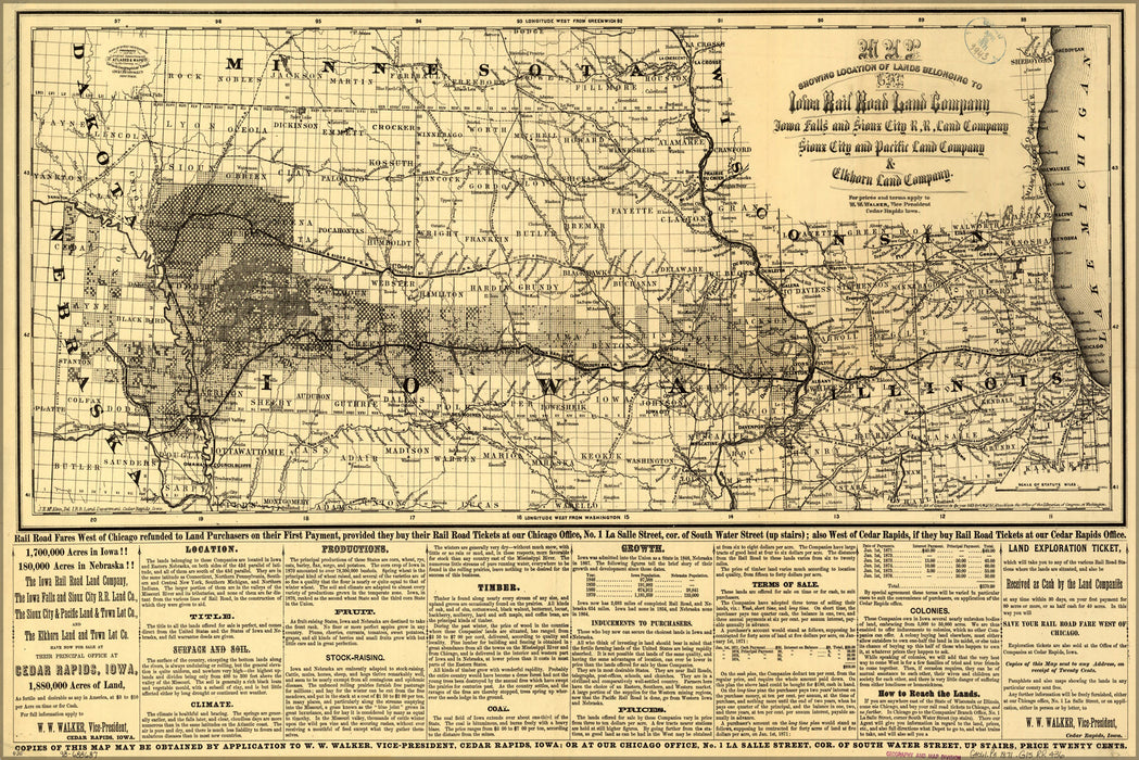 24"x36" Gallery Poster, Map Iowa RailRoad Land Company Sioux City 1871