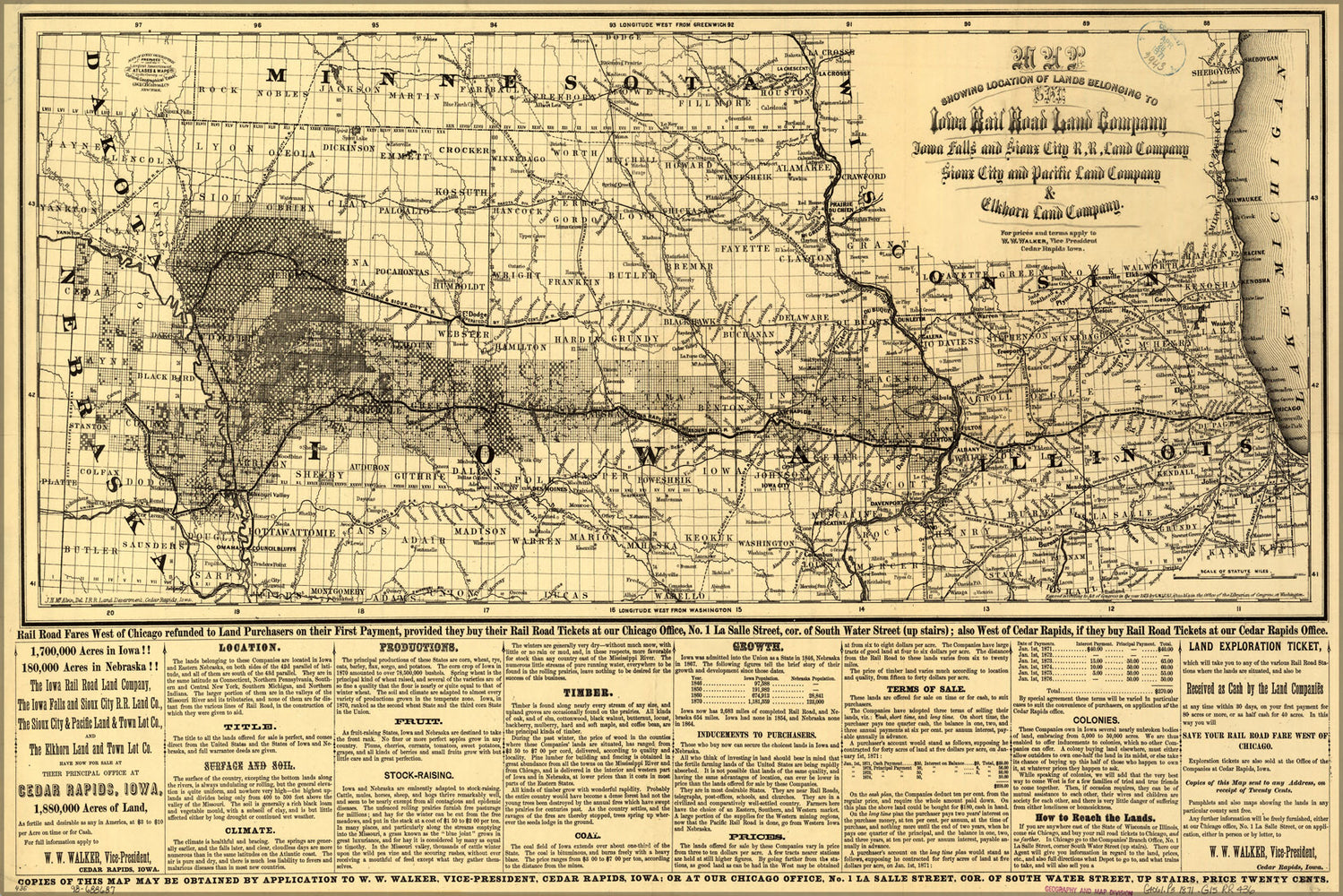 24"x36" Gallery Poster, Map Iowa RailRoad Land Company Sioux City 1871
