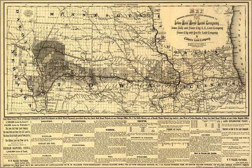 24"x36" Gallery Poster, Map Iowa RailRoad Land Company Sioux City 1871