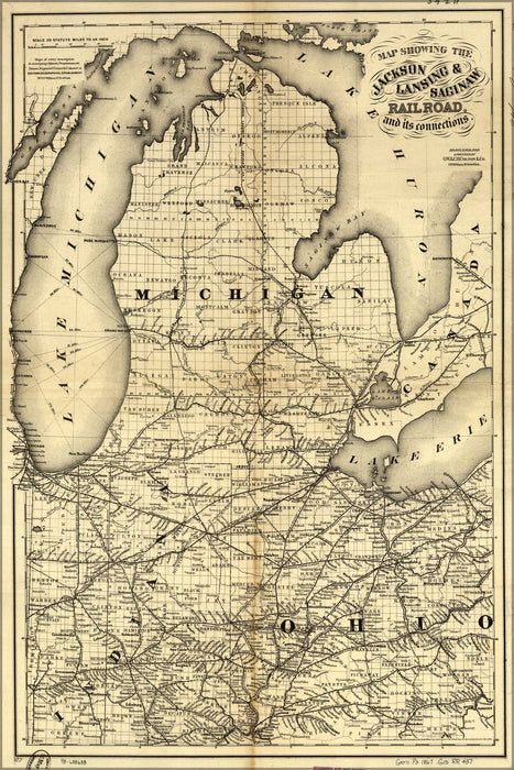 24"x36" Gallery Poster, Map Jackson, Lansing & Saginaw Railroad 1867