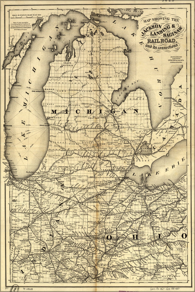 24"x36" Gallery Poster, Map Jackson, Lansing & Saginaw Railroad 1867