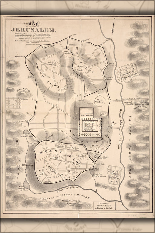24"x36" Gallery Poster, Map Jerusalem israel New Testament locations 1800