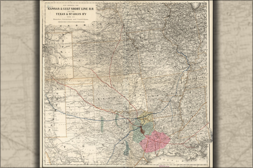 24"x36" Gallery Poster, Map Kansas Texas St. Louis railroad 1881