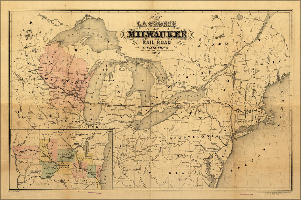 24"x36" Gallery Poster, Map La Crosse & Milwaukee RailRoad wisconsin 1855