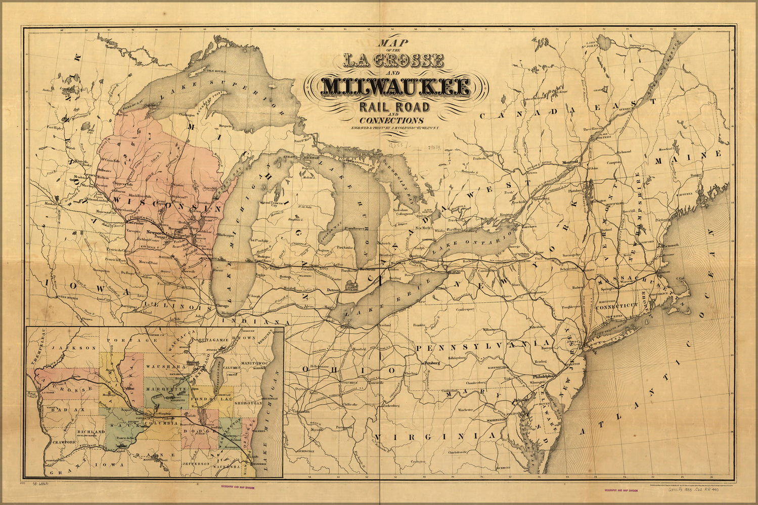 24"x36" Gallery Poster, Map La Crosse & Milwaukee RailRoad wisconsin 1855