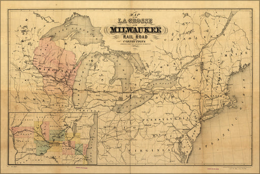 24"x36" Gallery Poster, Map La Crosse & Milwaukee RailRoad wisconsin 1855
