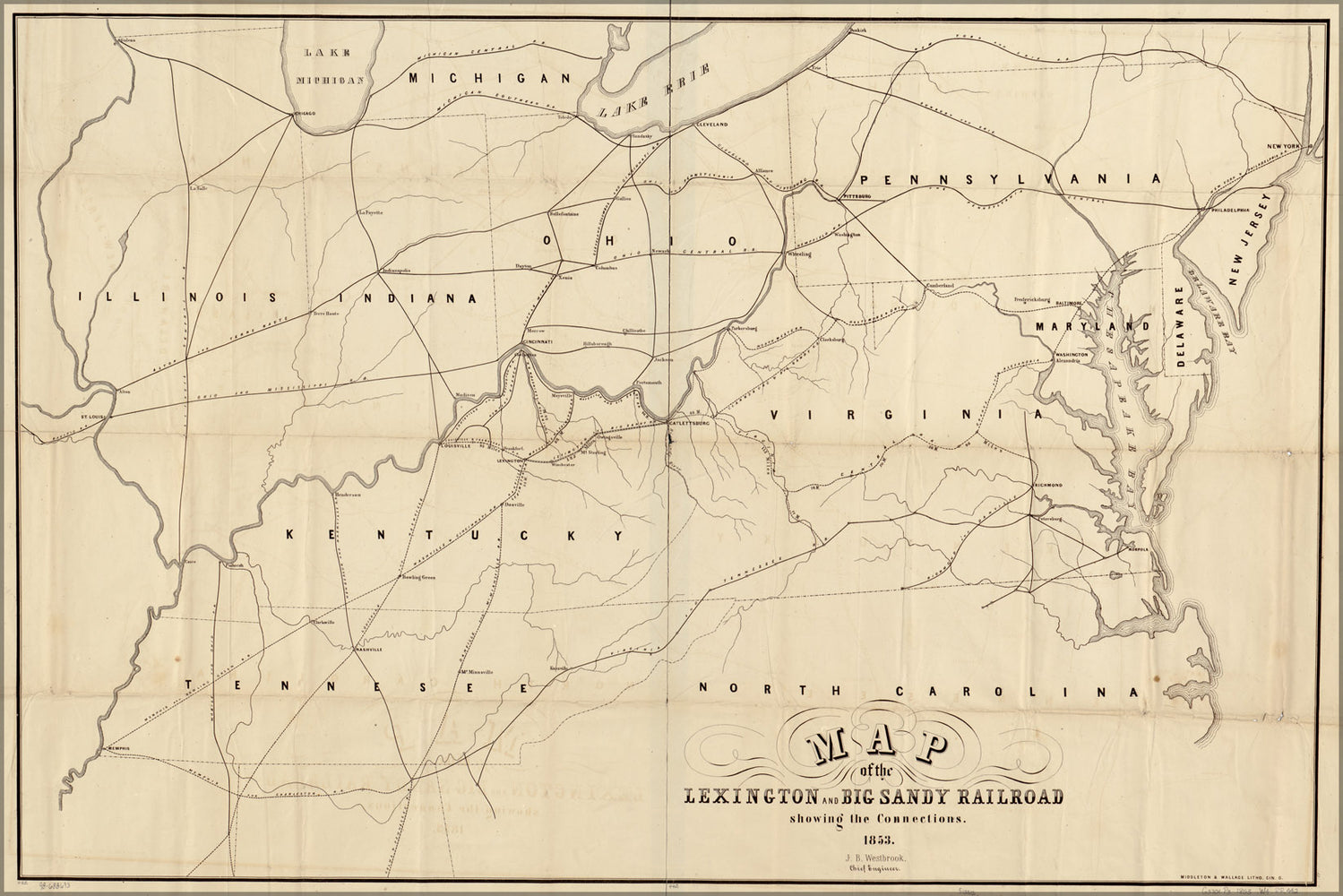 24"x36" Gallery Poster, Map Lexington & Big Sandy Railroad virginia 1853