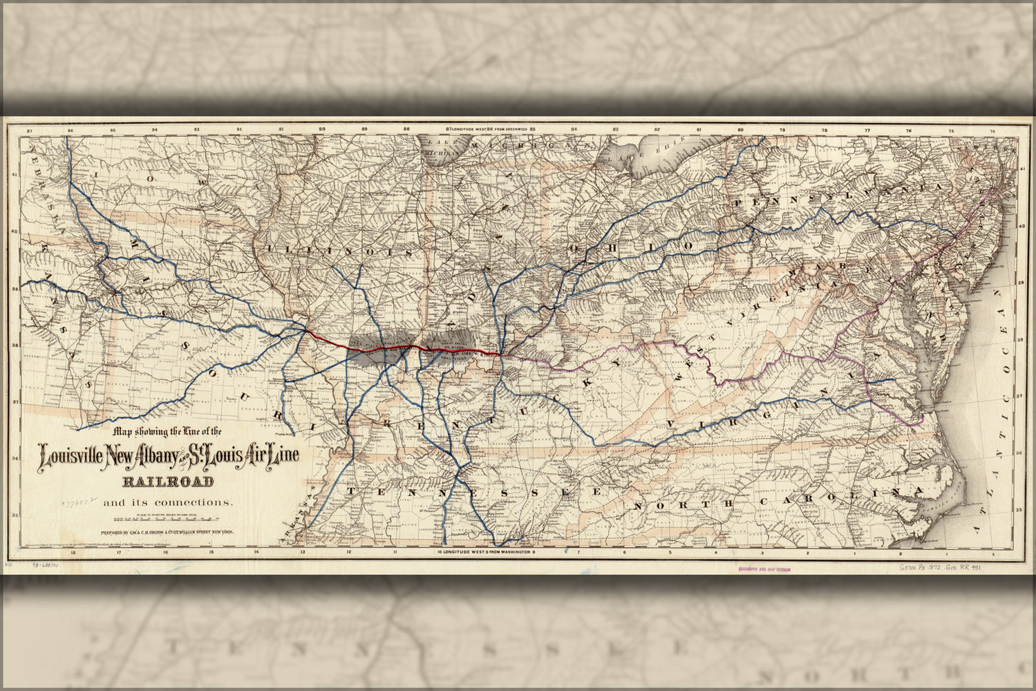 24"x36" Gallery Poster, Map Louisville New Albany St. Louis Railroad 1872