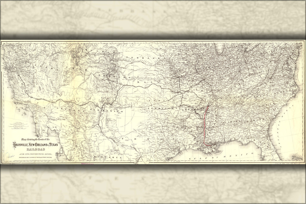 24"x36" Gallery Poster, Map Louisville New Orleans Texas Railroad 1883