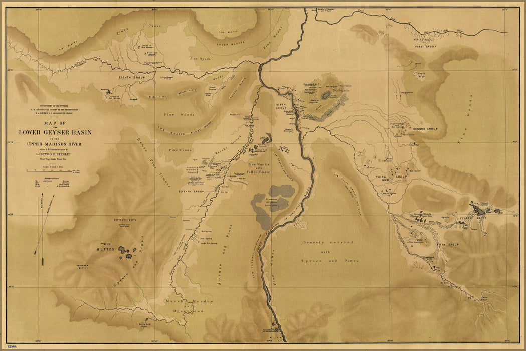 24"x36" Gallery Poster, Map Lower Geyser Basin Upper Madison River 1872