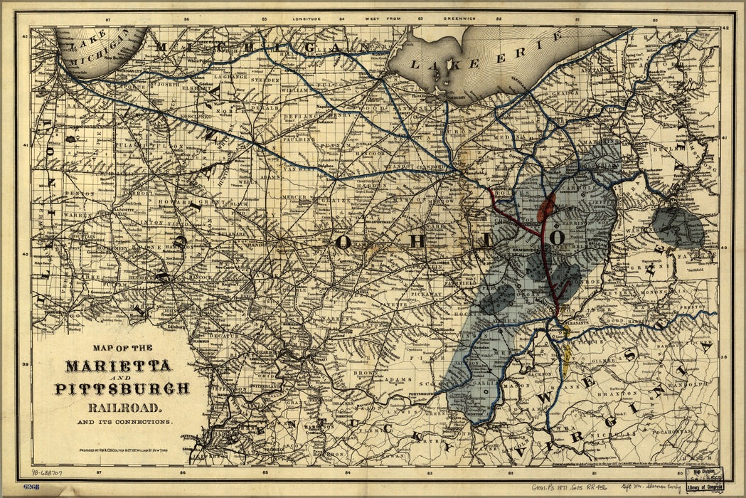 24"x36" Gallery Poster, Map Marietta Pittsburgh Railroad indiana 1871